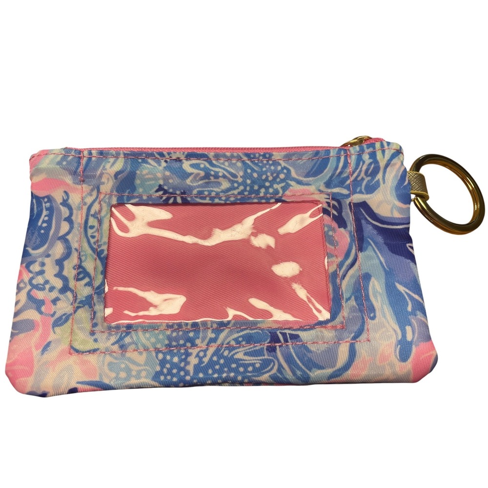 Lilly Pulitzer ID Case Keychain Pouch Blue Pink Shell Print Gold Trim Zip Wallet - Picture 2 of 3